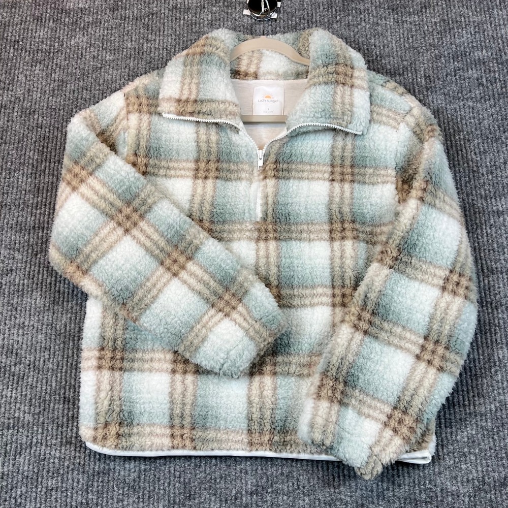 Lazy Sunday Pullover Polyester Sherpa Plaid Gorpcore Quarter Zip Sage Cozycore S